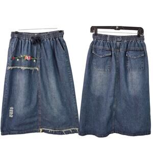 YanRan Blue Distressed Floral Embroidered Embellished Flap Pocket Skirt 28 XL